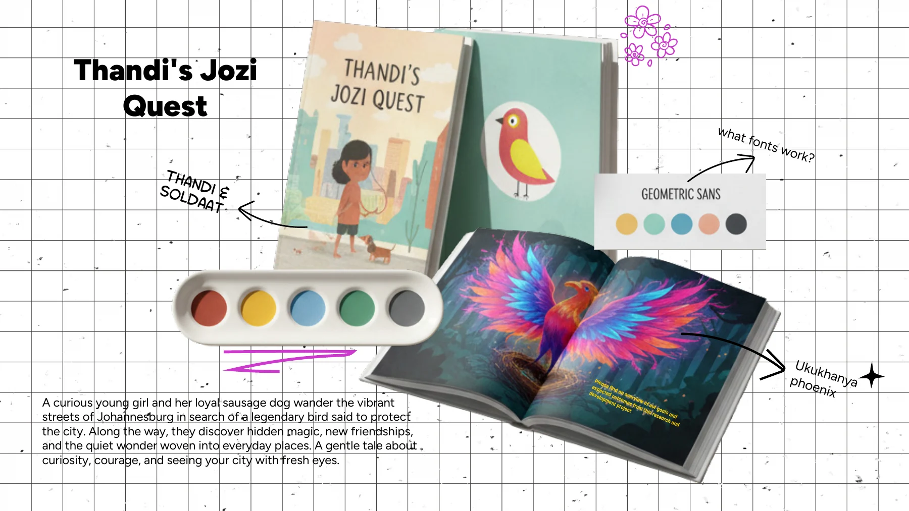 Thandi’s Jozi Quest children’s book cover and illustrated phoenix spread
