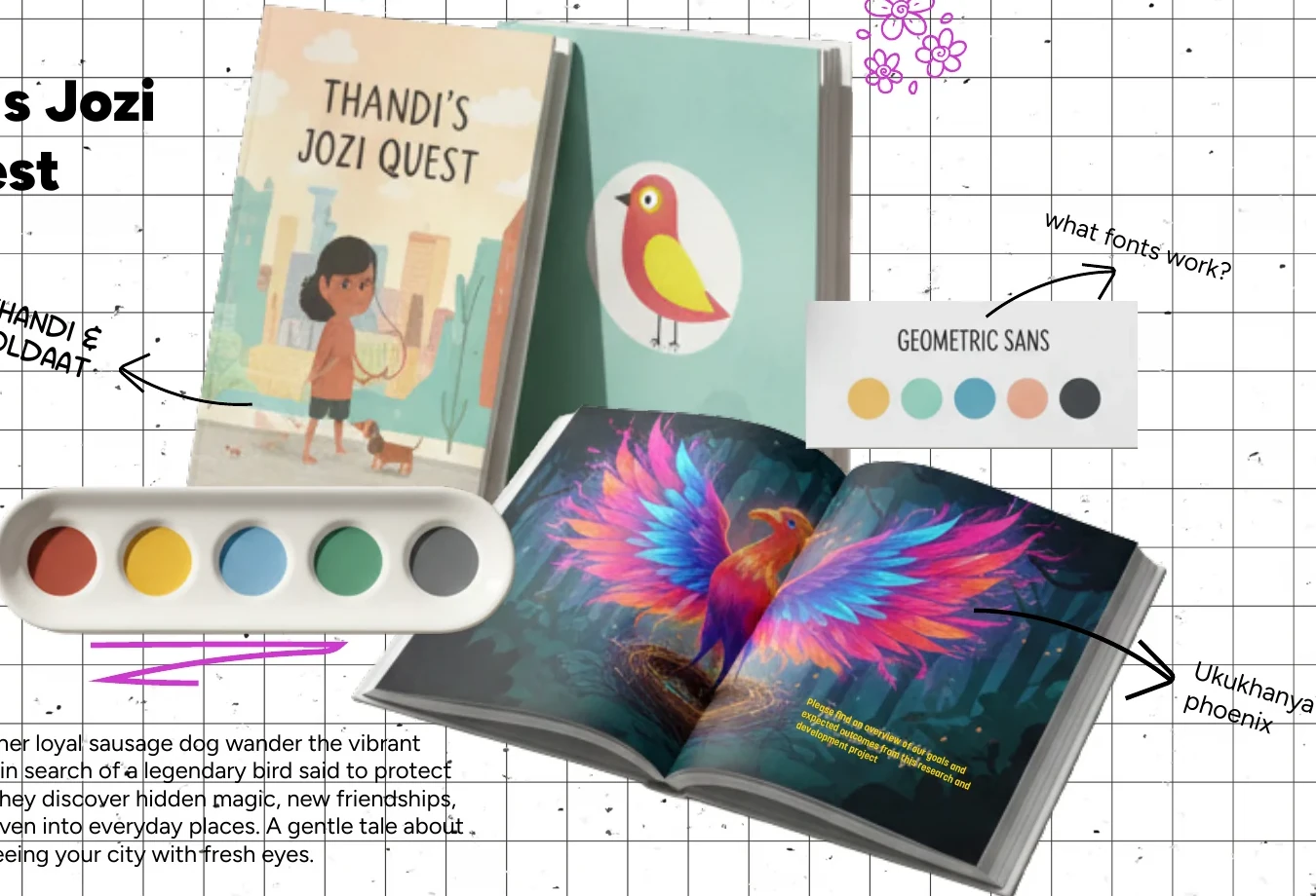 Detail view of Thandi’s Jozi Quest final design work