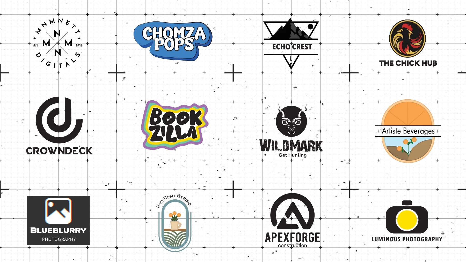 Grid of logo designs for a variety of brands and industries